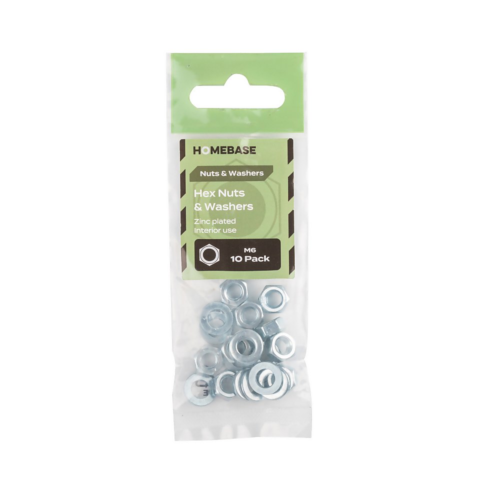 Homebase Zinc Plated Hex Nut & Washer M6 10 Pack