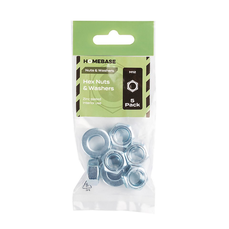 Homebase Zinc Plated Hex Nut & Washer M12 5 Pack