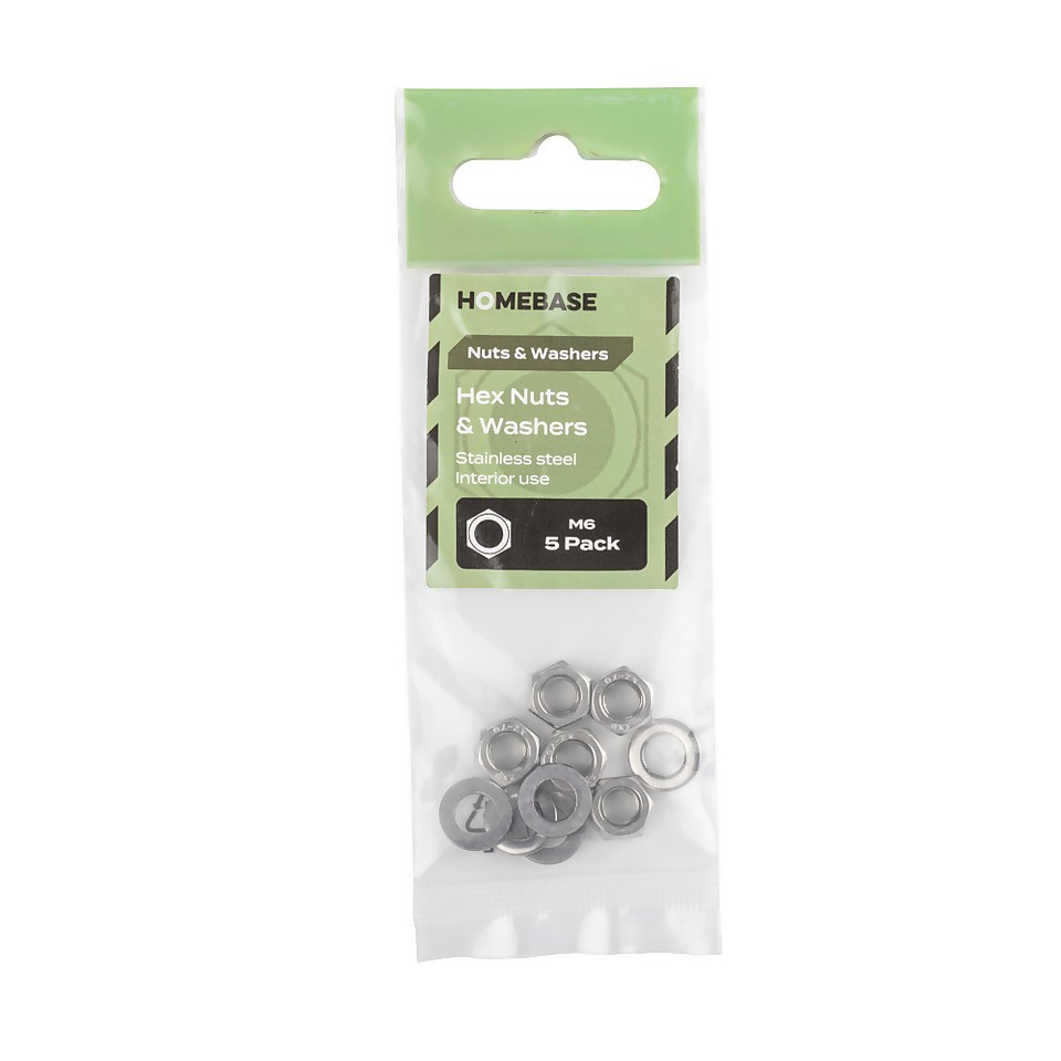 Homebase Stainless Steel Hex Nut & Washer M6 5 Pack