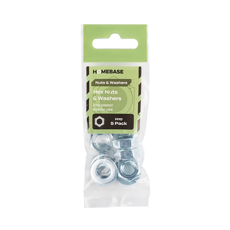 Homebase Zinc Plated Hex Nut & Washer M10 5 Pack