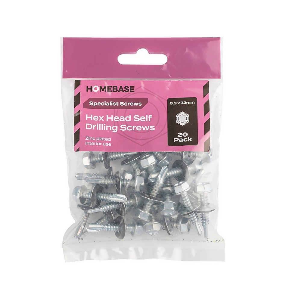Homebase Zinc Plated Self Drill Screw For Wood Hex Head 6.3 X 32mm 20 Pack