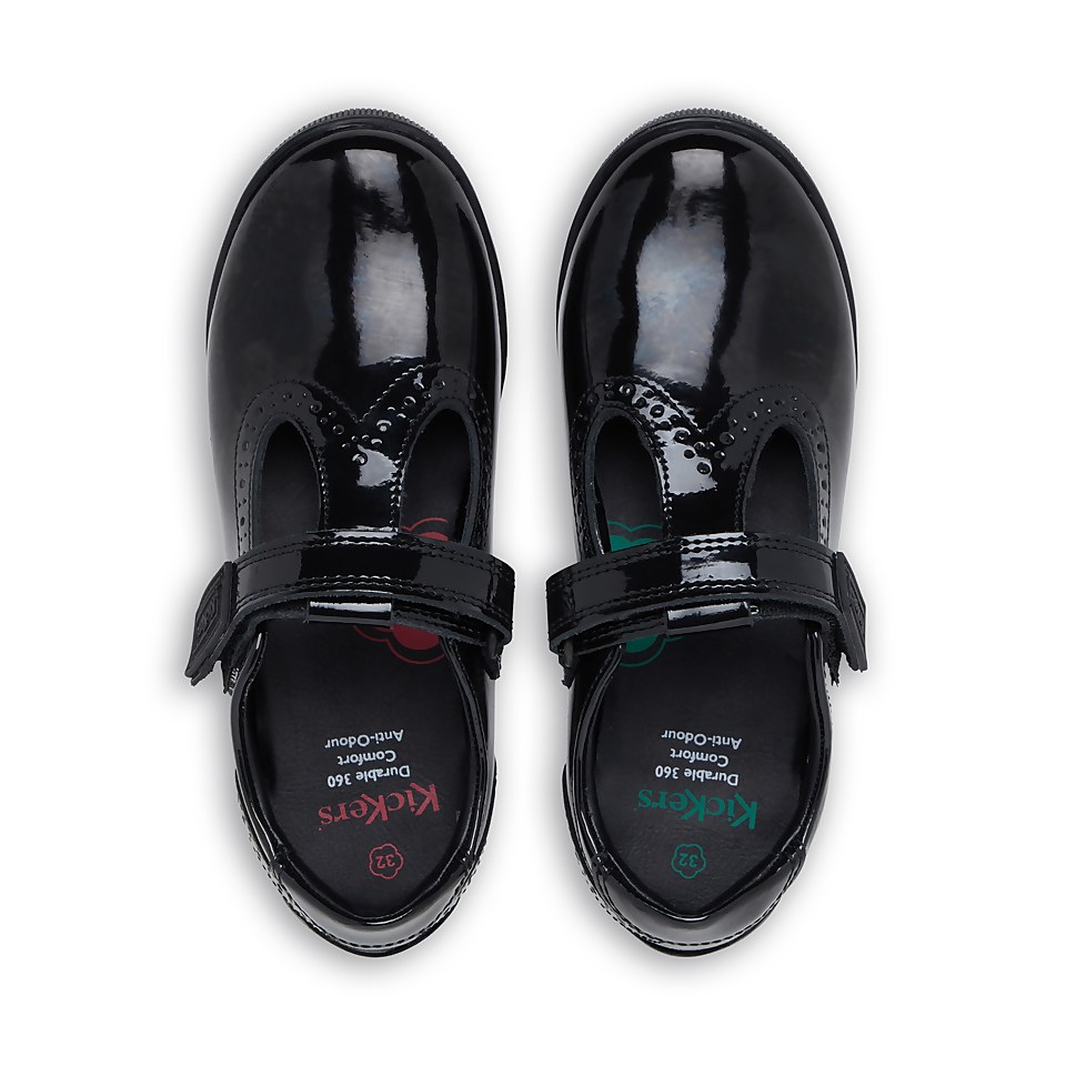 Junior Girls Bridie Brogue T-Vel Patent Leather Black