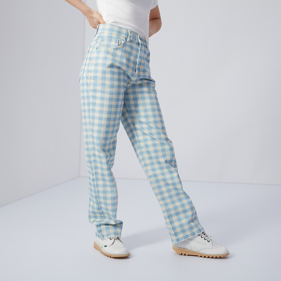 Women's Gingham Straight Leg Jeans Cream