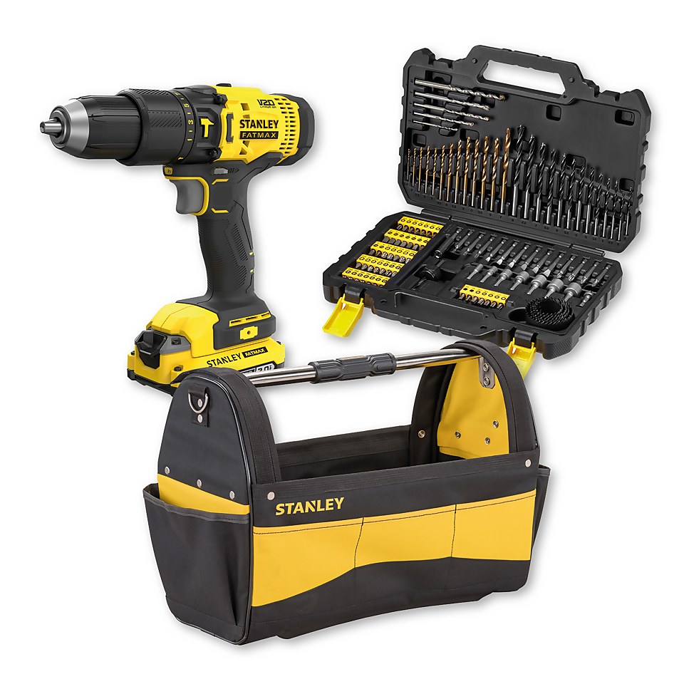 STANLEY FATMAX V20 18V Cordless Hammer Drill Kit plus 100 Piece Accessories Set and Open Tote Tool Bag Bundle