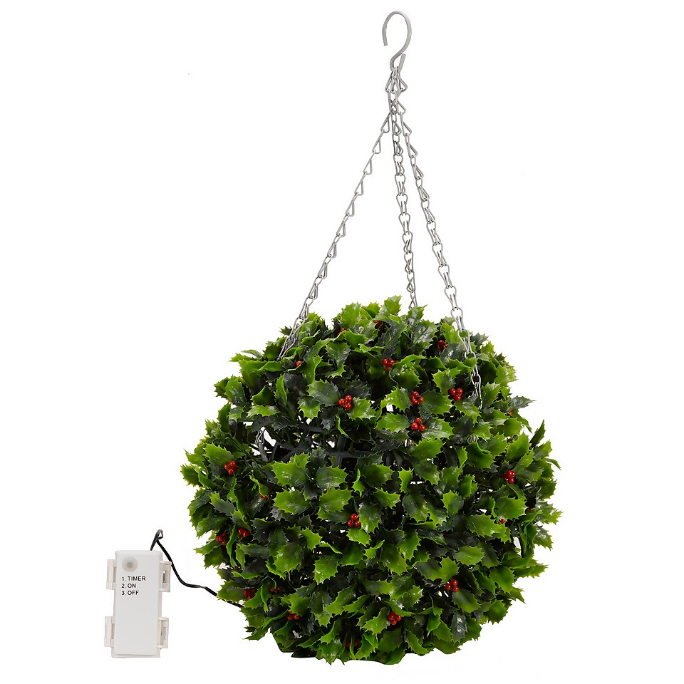 30cm Artificial Christmas Topiary Holly Ball with 20 LED Lights