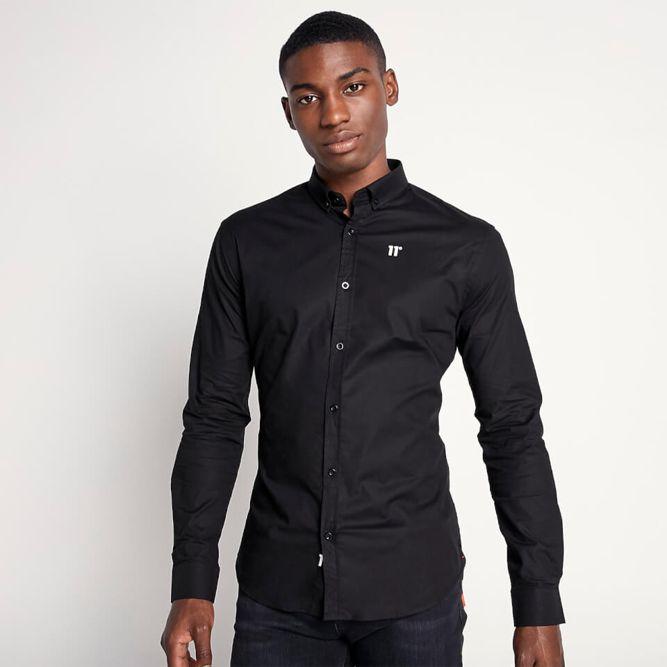 Long Sleeve Contrast Logo Shirt – Black | 11 Degrees