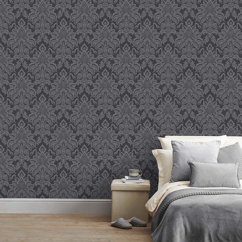 Arthouse Precious Metals Glisten Damask Textured Glitter Gunmetal Grey