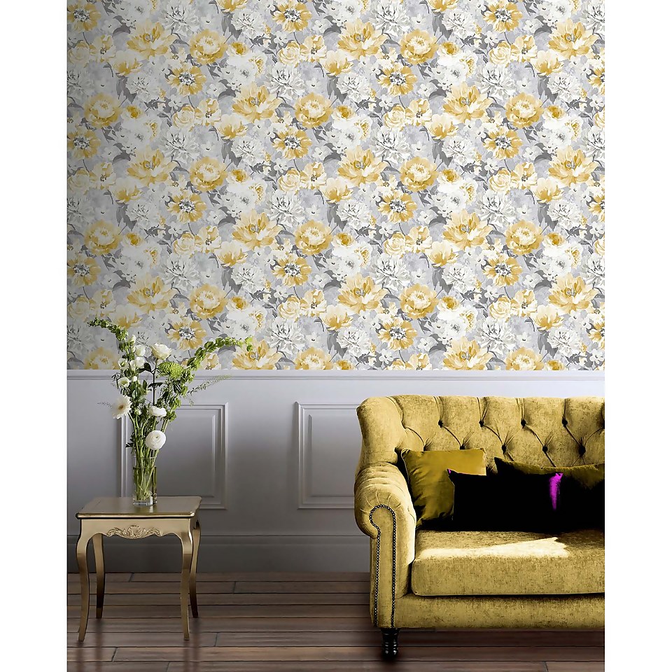 Arthouse Aubrey Floral Ochre Wallpaper A4 Sample | Homebase