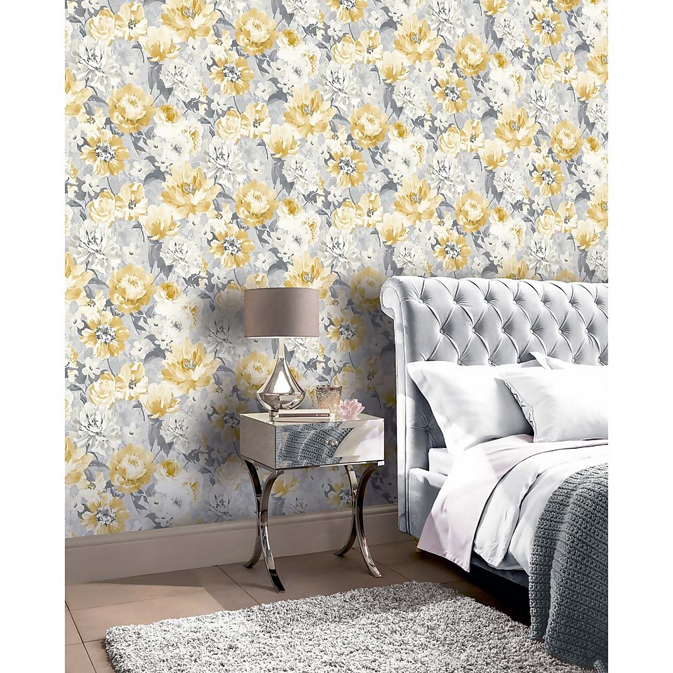 Arthouse Aubrey Floral Ochre Wallpaper A4 Sample Homebase