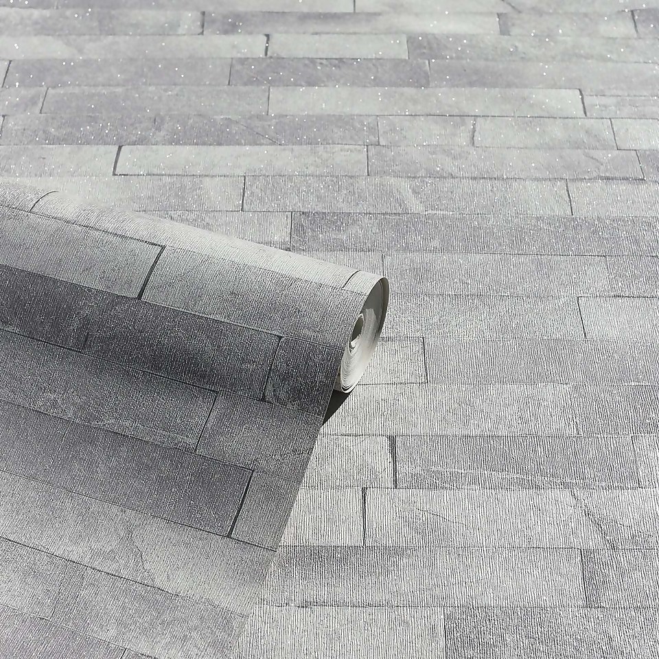 Arthouse Diamond Slate Brick Textured Glitter Dove Grey Wallpaper Large Sample Homebase