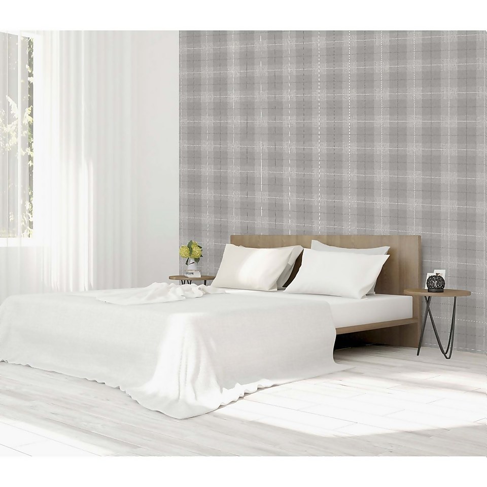 Arthouse Country Tartan Textured Grey and Silver Wallpaper Large Sample