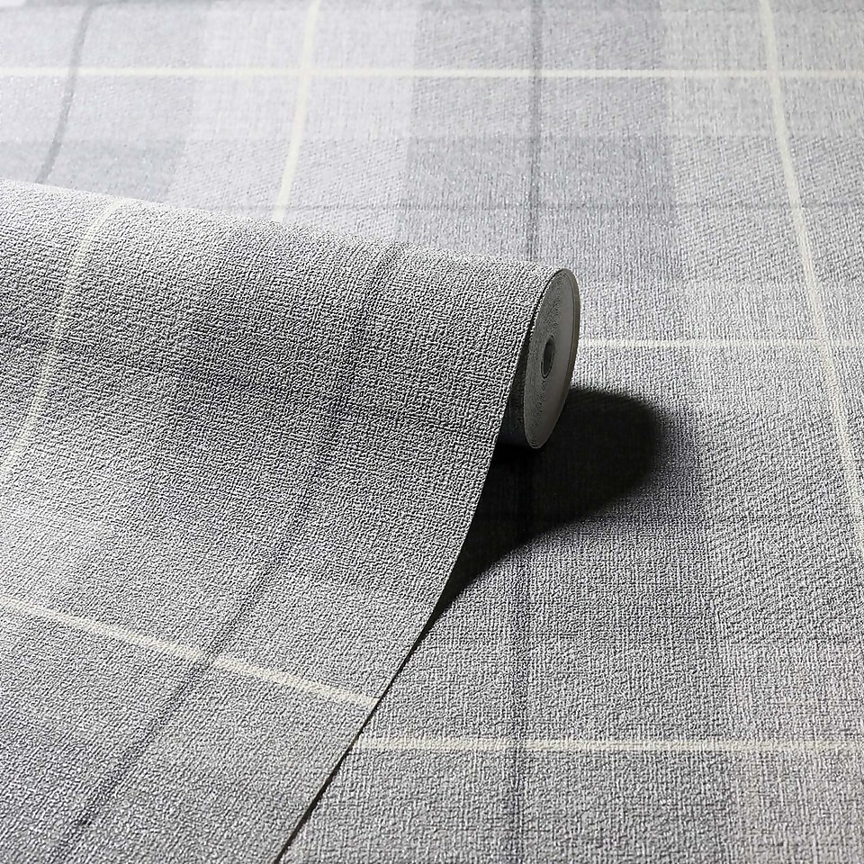 Arthouse Country Tartan Textured Grey and Silver Wallpaper Large Sample