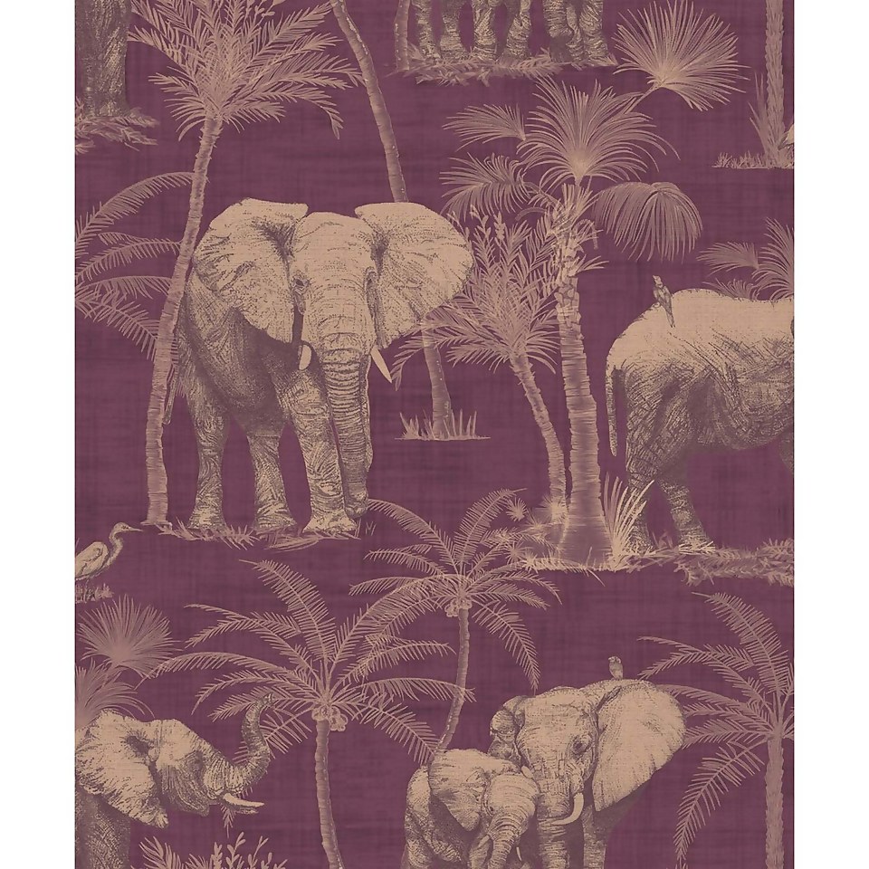 Arthouse Elephant Grove Jungle Embossed Metallic Aubergine Wallpaper Large Sample