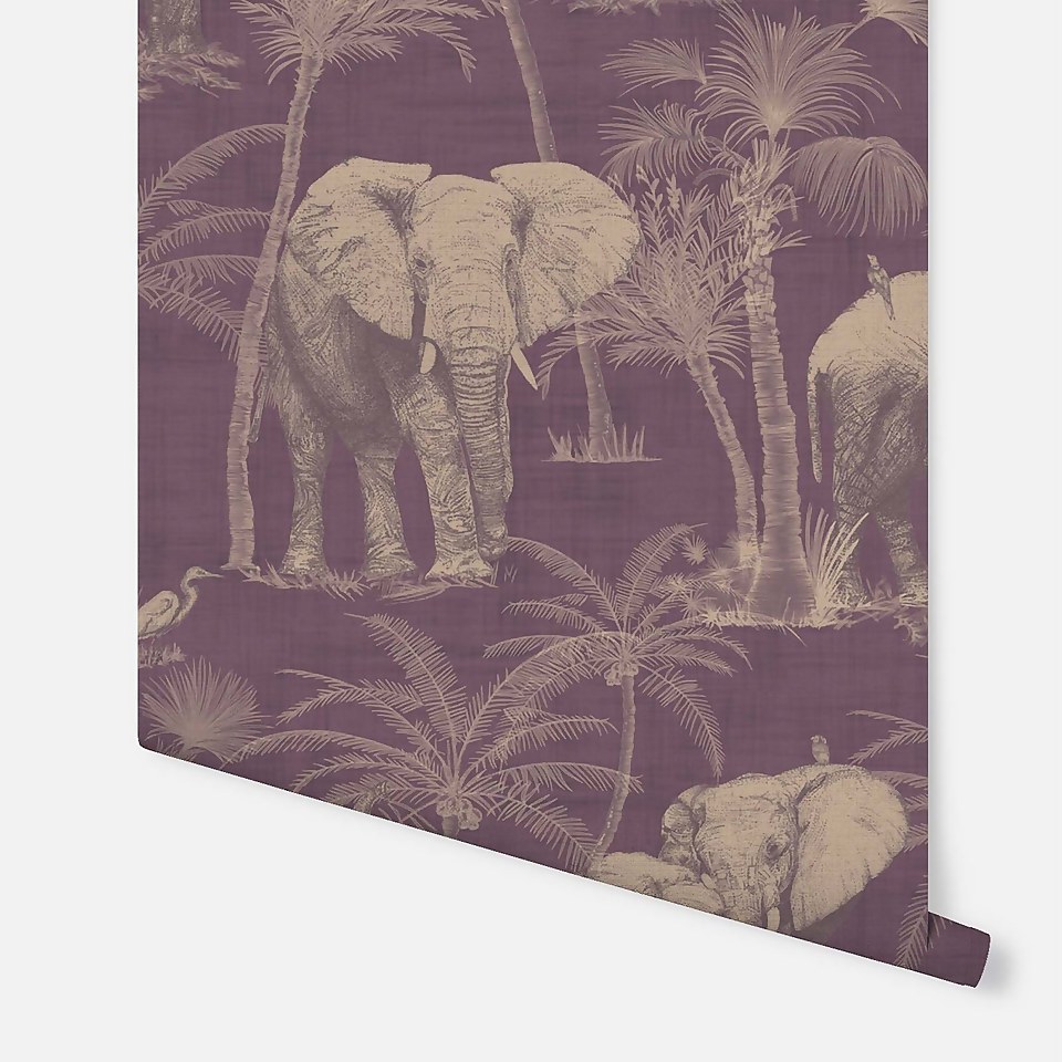 Arthouse Elephant Grove Jungle Embossed Metallic Aubergine Wallpaper Large Sample