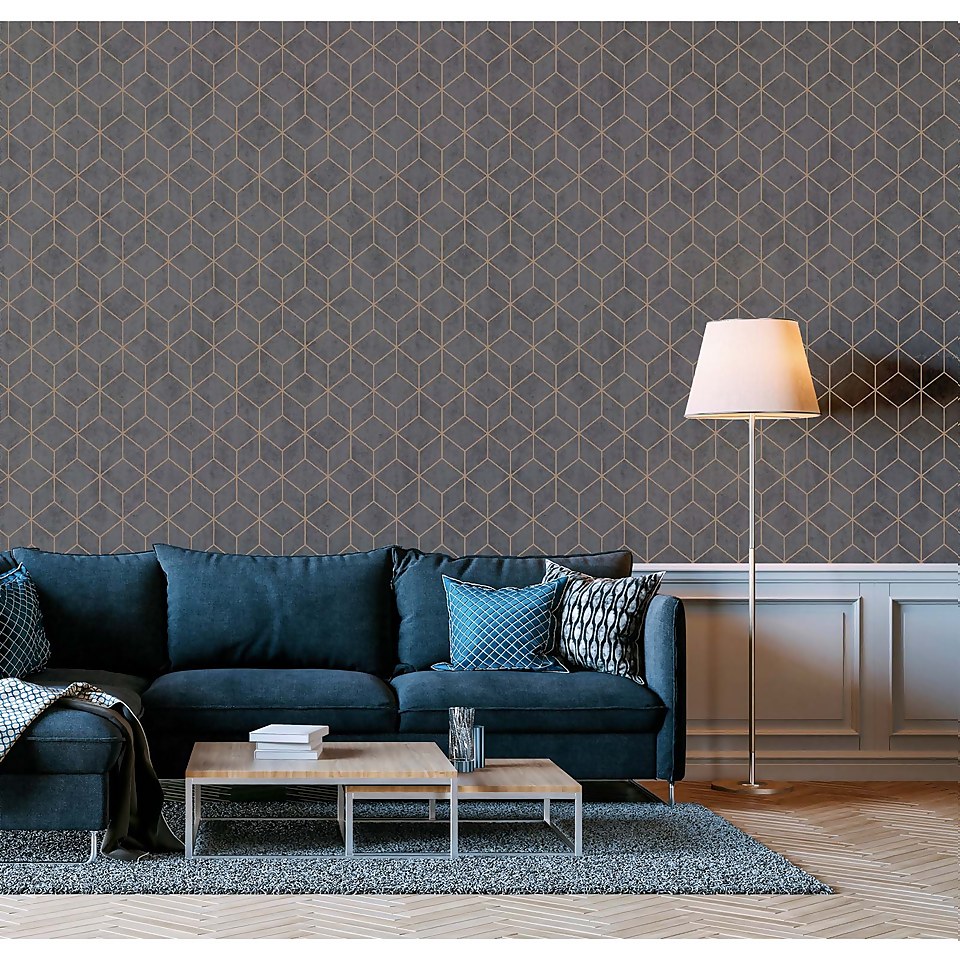 Arthouse Box Geometric Smooth Metallic Charcoal and Copper Wallpaper