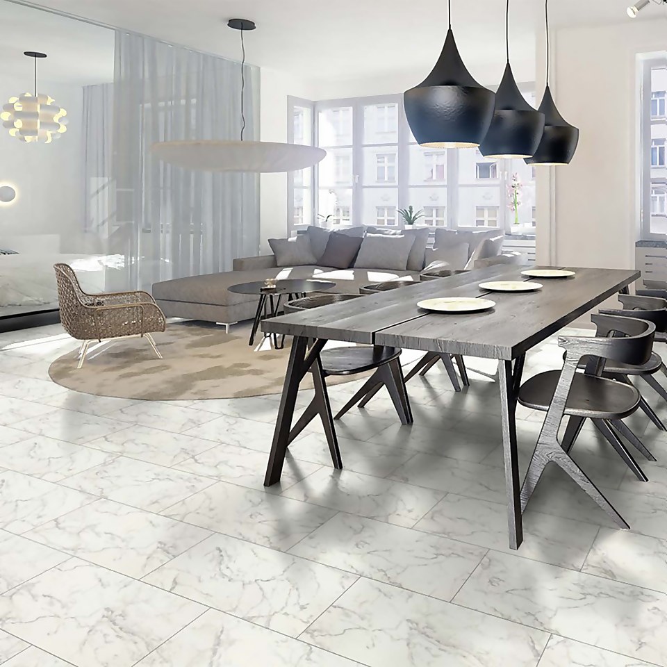 Falquon Flooring High Gloss Stone Effect Carrara Marble 8mm Tile Laminate Flooring