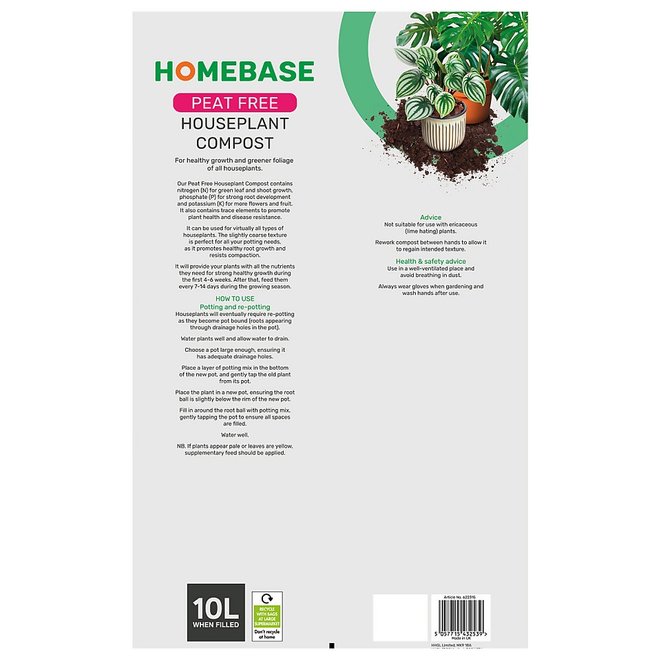 Homebase Peat Free House Plant Compost -10L