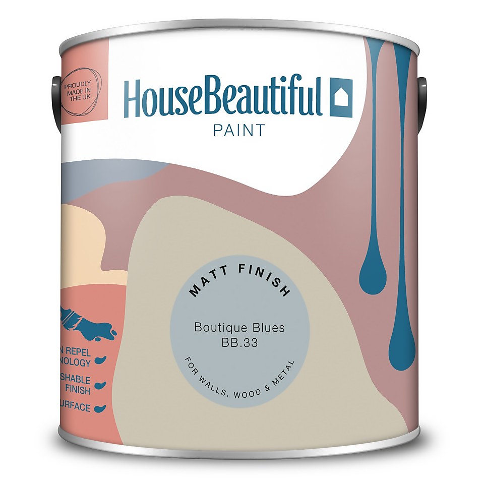 House Beautiful Durable Matt Emulsion Multi-Surface Paint Boutique Blues BB.33 - 2.5L
