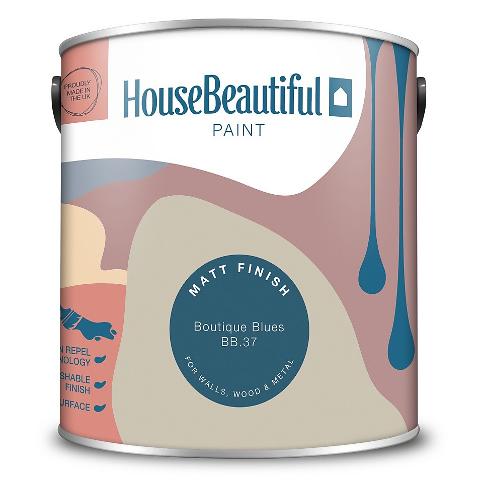 House Beautiful Durable Matt Emulsion Multi-Surface Paint Boutique Blues BB.37 - 2.5L