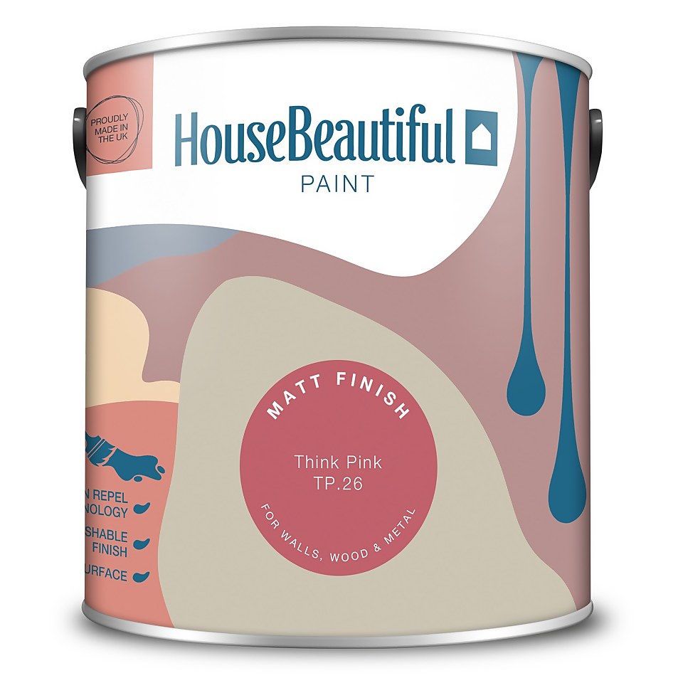 House Beautiful Durable Matt Emulsion Multi-Surface Paint Think Pink TP.26 - 2.5L