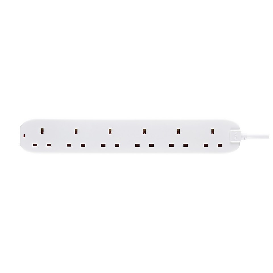Masterplug 6 Socket 2 Metre 13 Amp White Extension Lead with Power Indicator