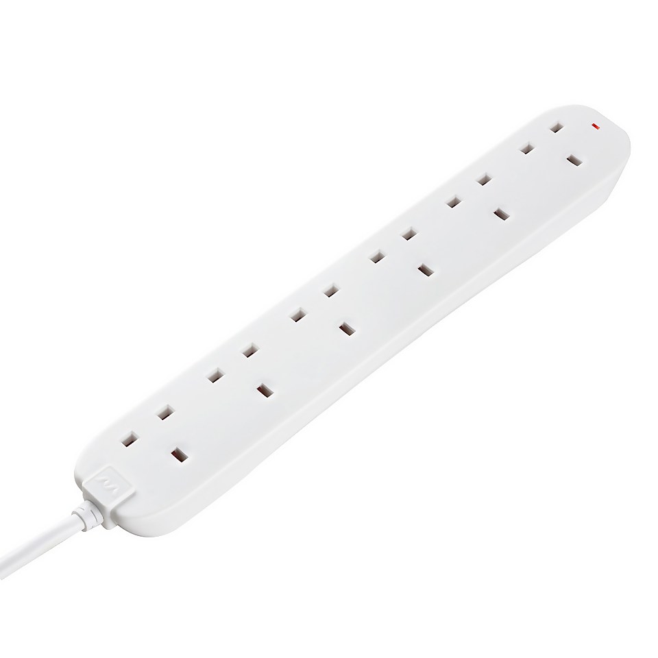 Masterplug 6 Socket 2 Metre 13 Amp White Extension Lead with Power