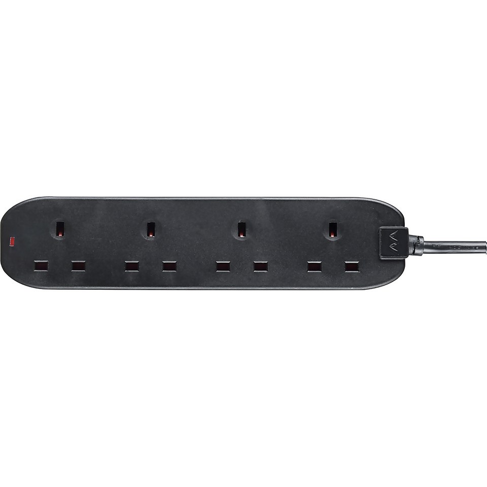 Masterplug 4 Socket 2 Metre 13 Amp Black Extension Lead with Power Indicator
