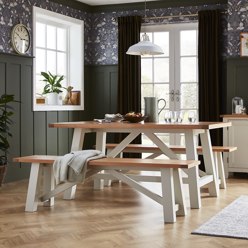 Ashstead Dining Table and 2 Benches Oak and Ivory Homebase