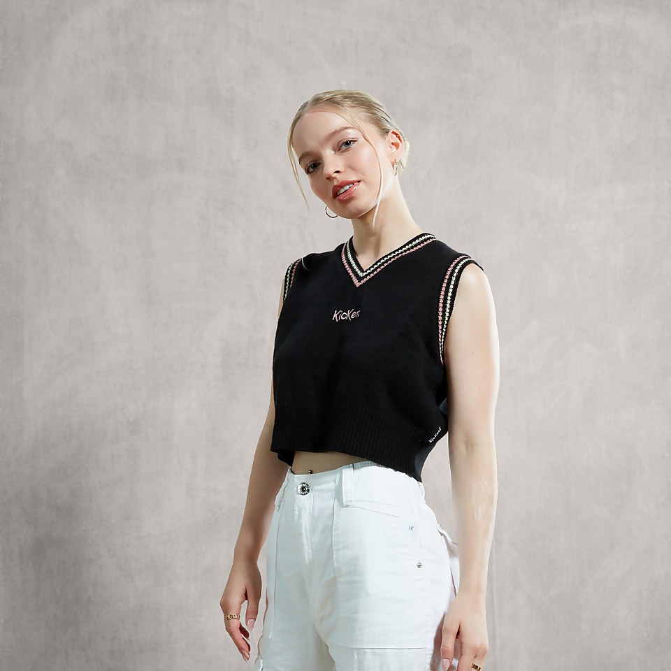Women's Black Crop V Neck Vest With Logo Black
