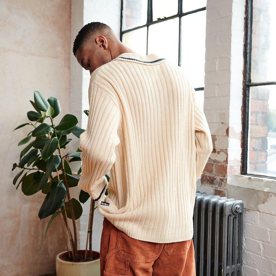 Men's knit polo with stripe chest logo Cream