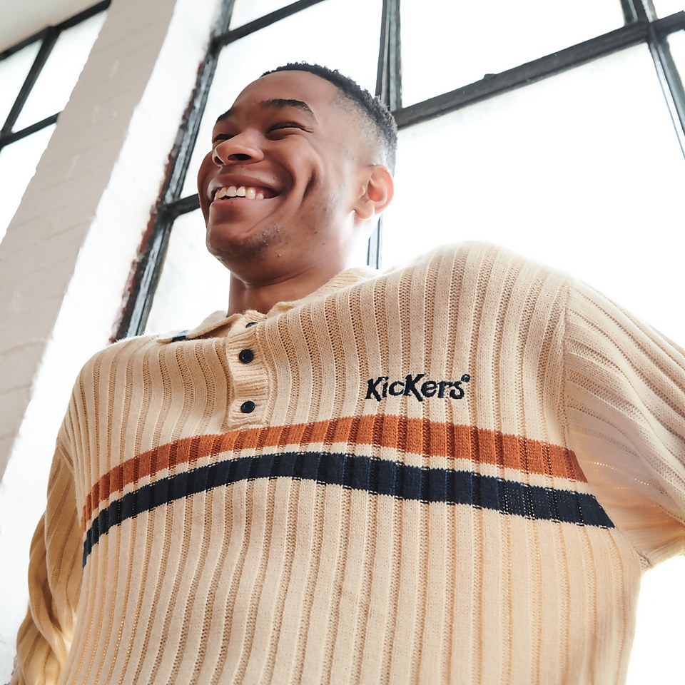 Men's knit polo with stripe chest logo Cream