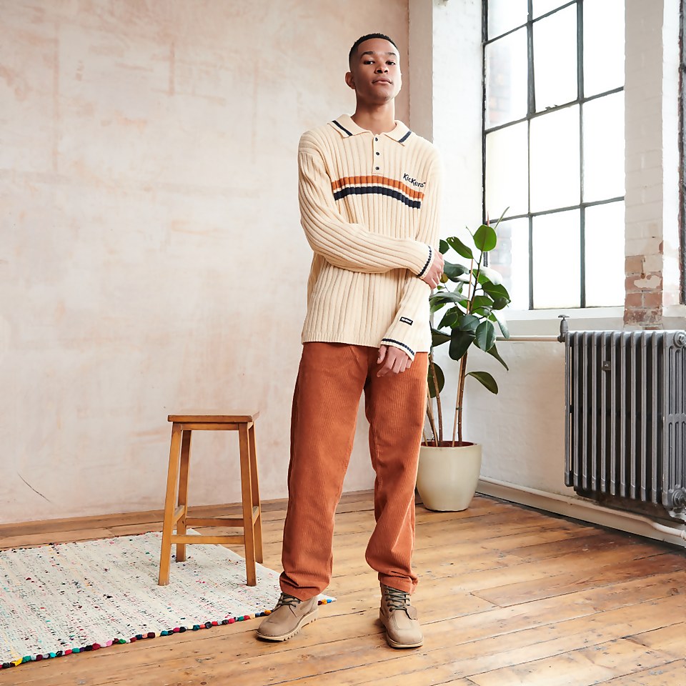 Men's knit polo with stripe chest logo Cream