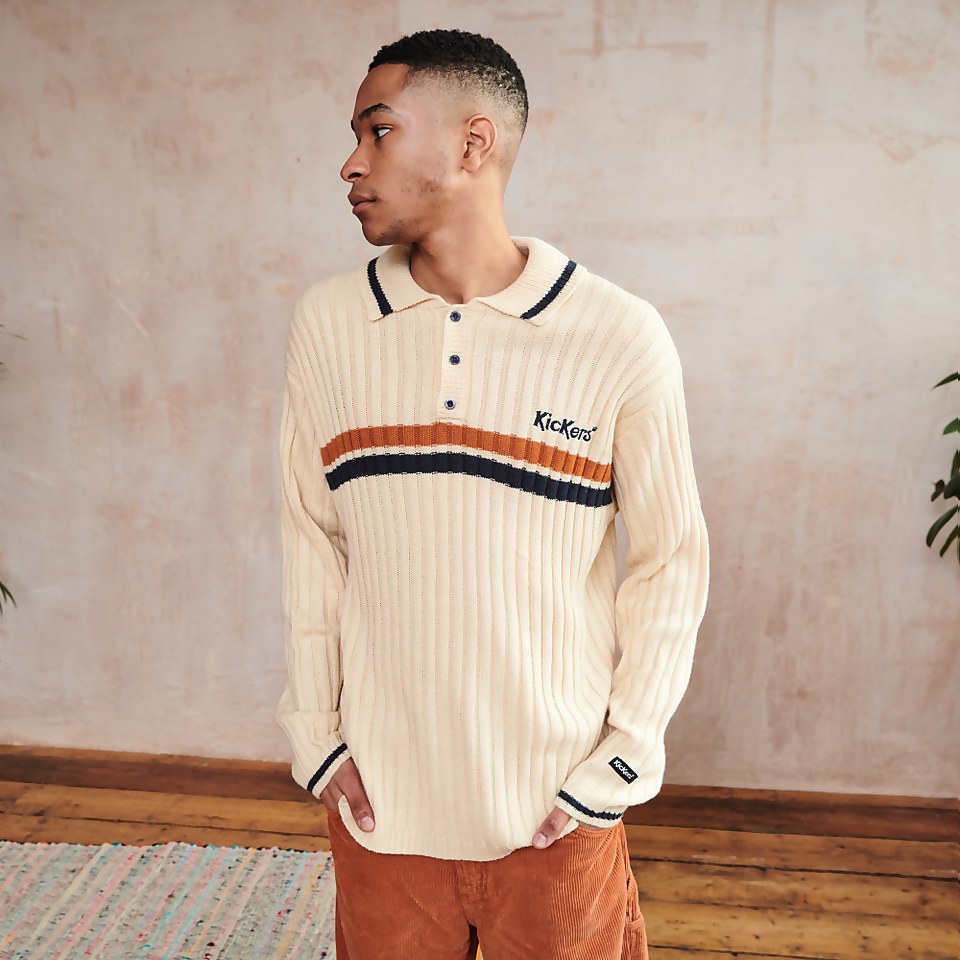 Men's knit polo with stripe chest logo Cream
