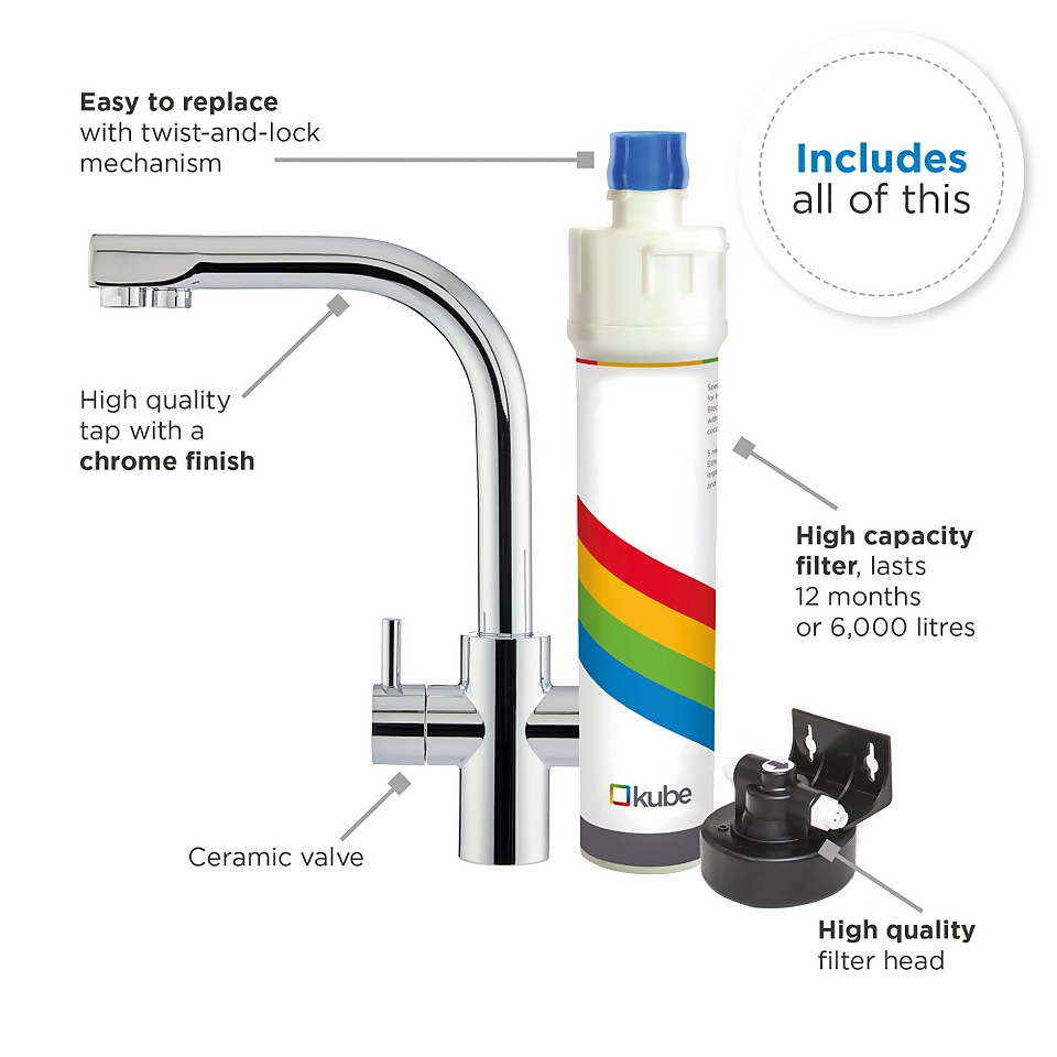 Kube Drinking Water Filter with Separate 3-Way Chrome Tap