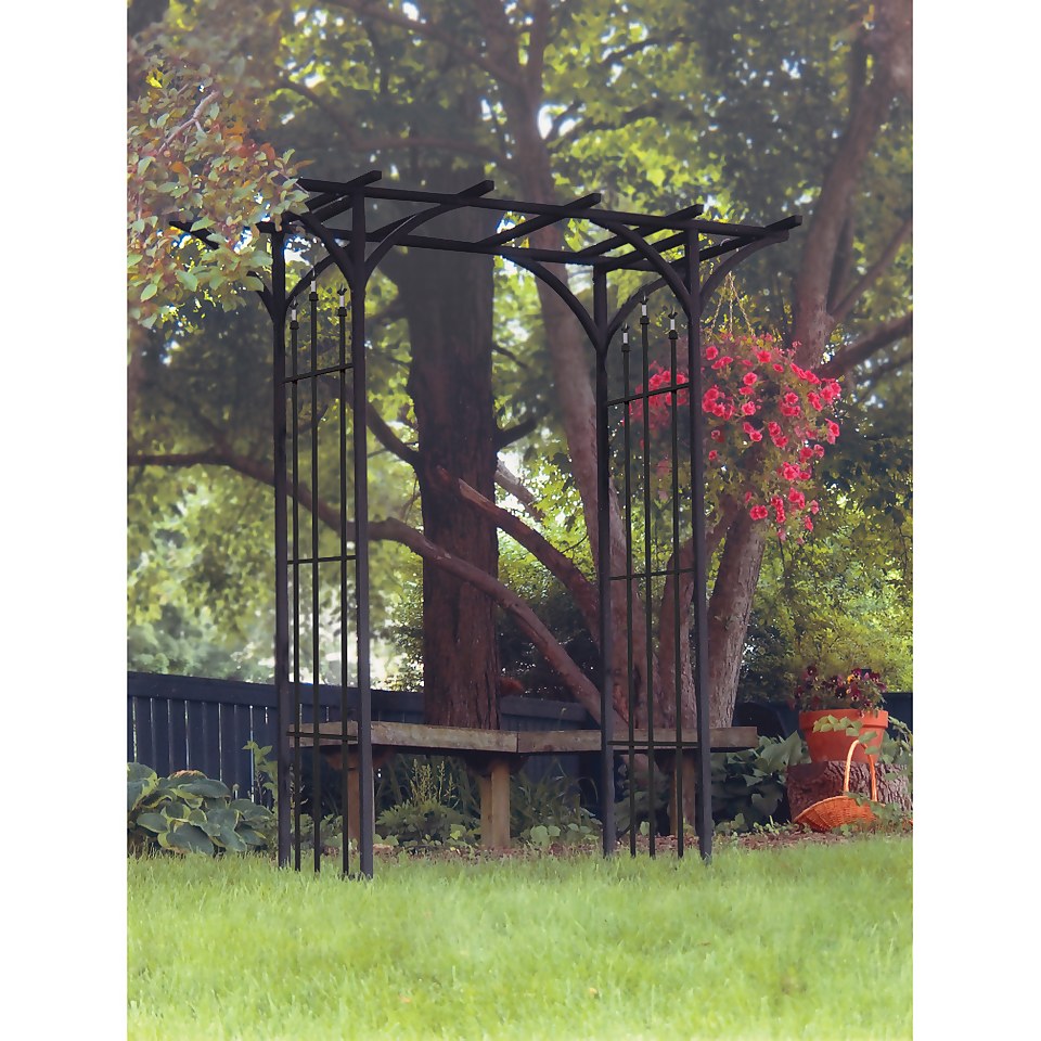 Panacea Flat Top Garden Steel Arch with Finials - Black