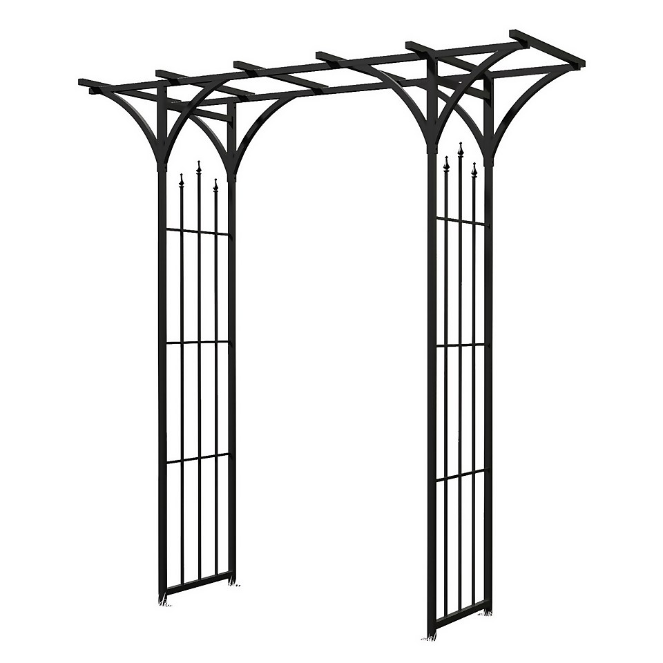 Panacea Flat Top Garden Steel Arch with Finials - Black