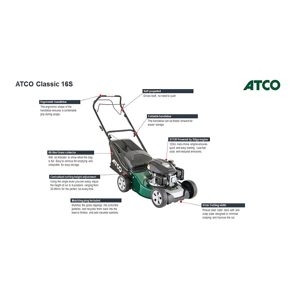 Atco 123ccc Classic 16S Petrol Lawn Mower - 41cm