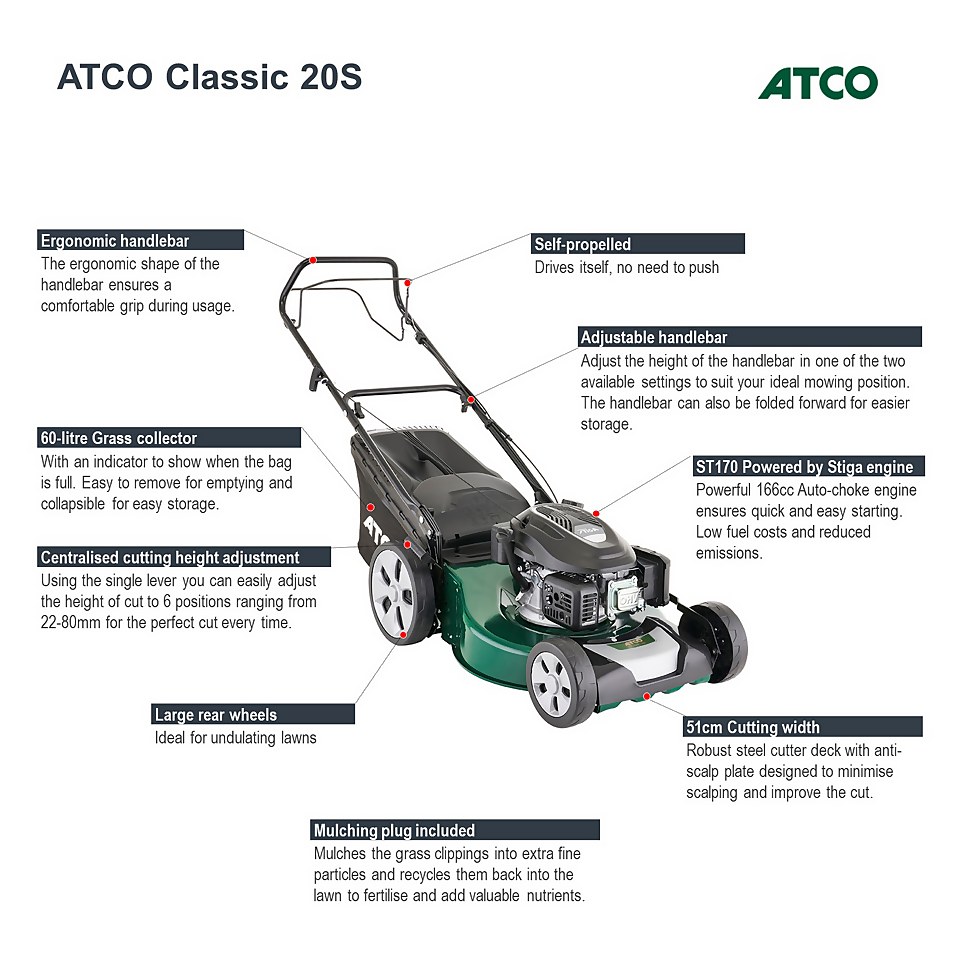 Atco 166cc Classic 20S Petrol Lawn Mower- 51cm