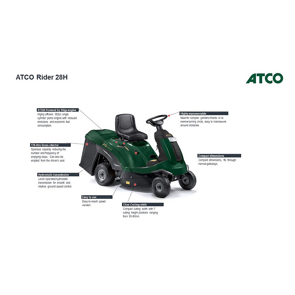 Atco 352cc 28H Petrol Ride on Lawn Mower 72cm Homebase