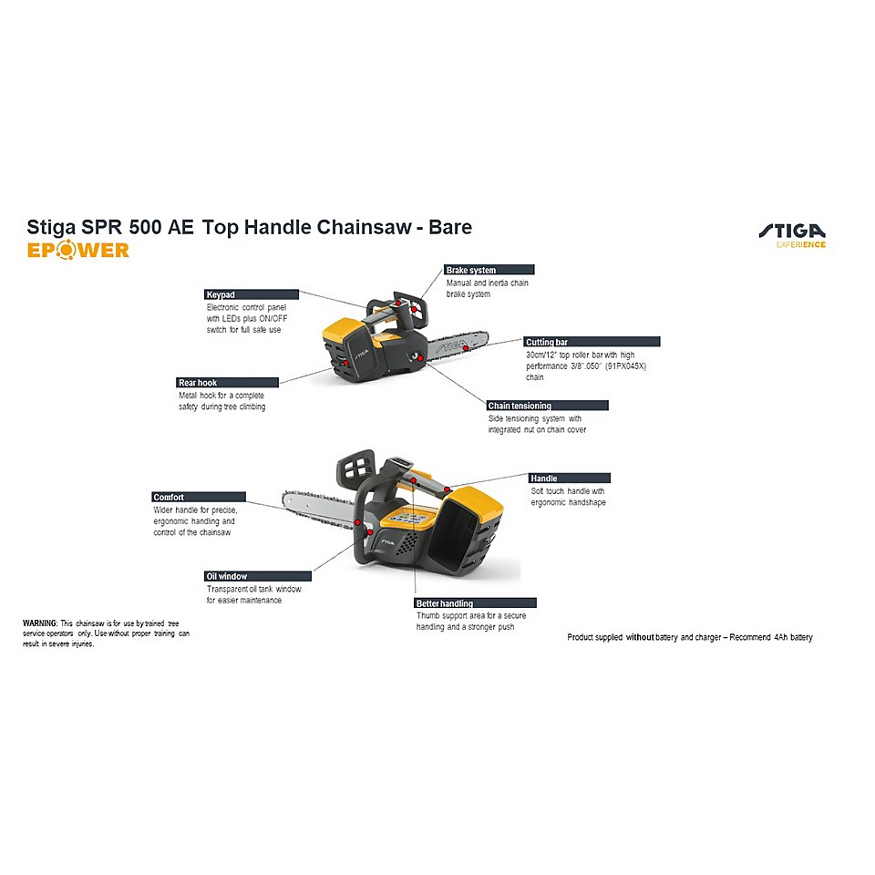Stiga SPR 500 AE Cordless Top Handle Chainsaw (Bare Tool) Homebase