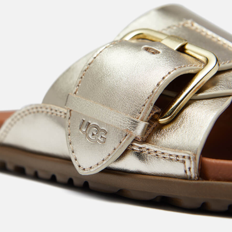 UGG Women's Solivan Buckle Leather Slide Sandals Pale Gold Metallic