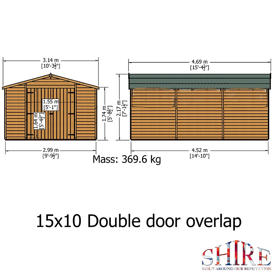 Shire 10 x 15ft Double Door Overlap Garden Shed with no windows