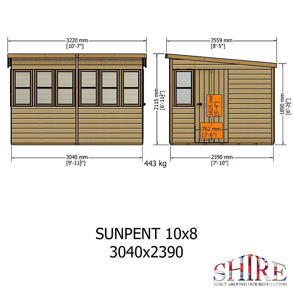 Shire 10 x 8ft Sun Pent Shed - Including Installation