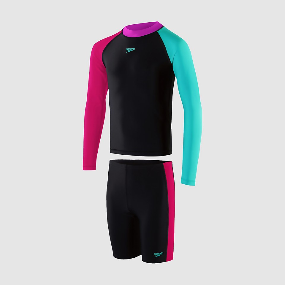 Mädchen Speedo Colourblock langärmeliges Top & Short Schwarz/Pink