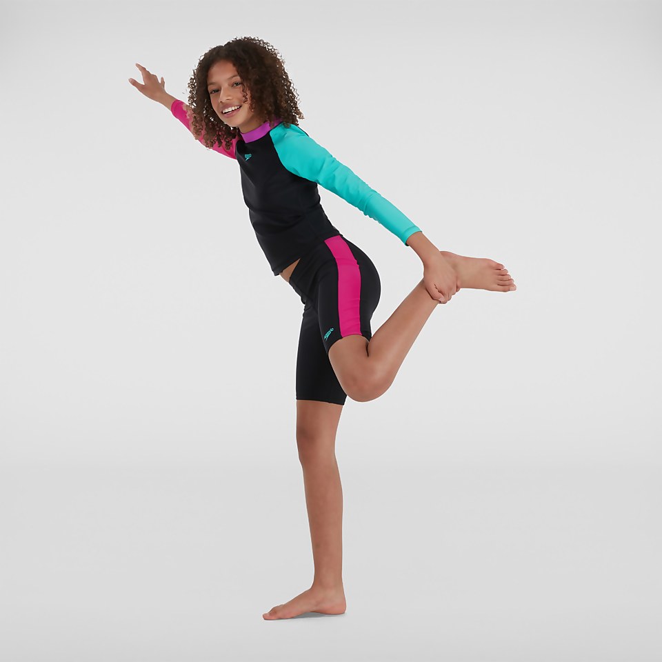 Mädchen Speedo Colourblock langärmeliges Top & Short Schwarz/Pink