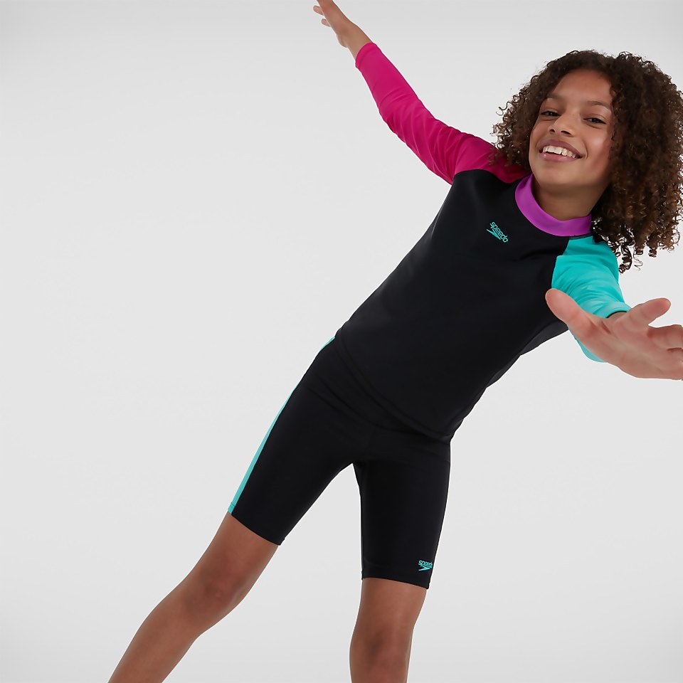 Mädchen Speedo Colourblock langärmeliges Top & Short Schwarz/Pink