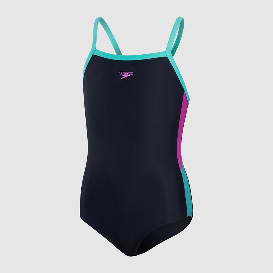 Mädchen Dive Thinstrap Muscleback Badeanzug Marineblau/Pink