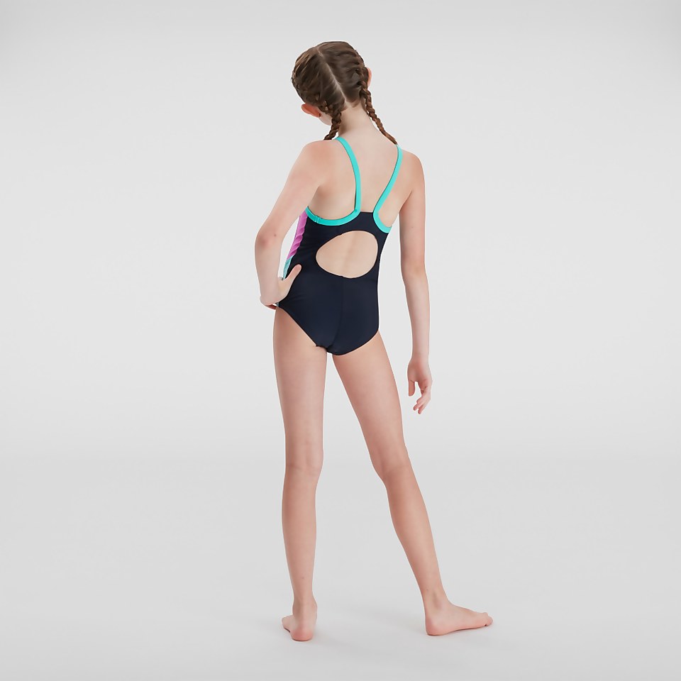 Mädchen Dive Thinstrap Muscleback Badeanzug Marineblau/Pink