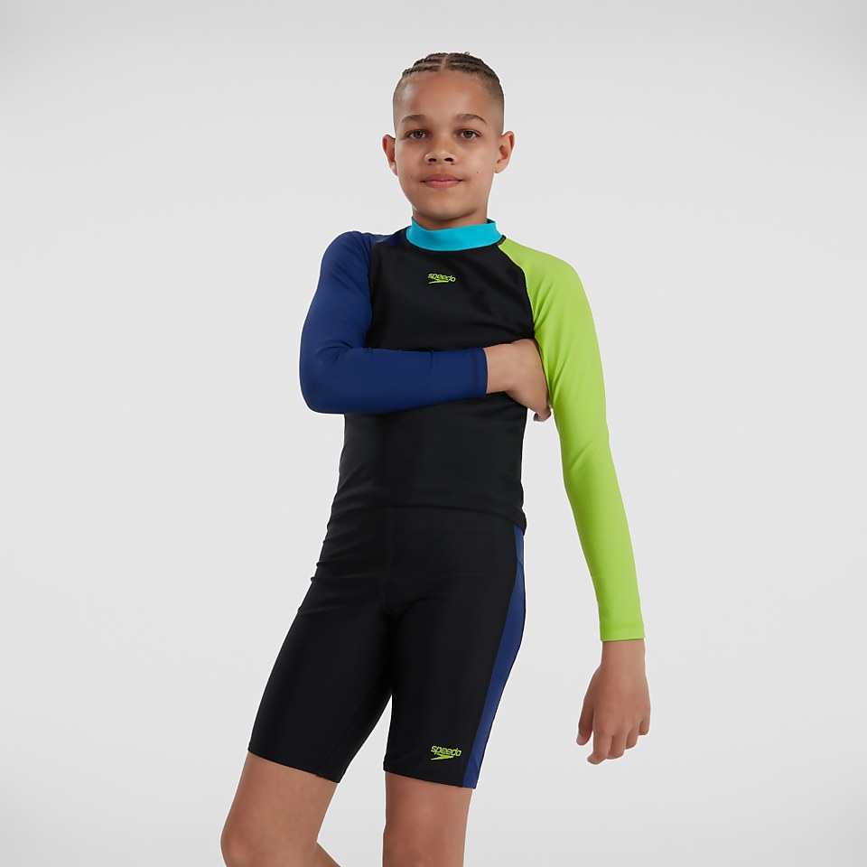 Jungen Speedo Colourblock langärmeliges Top & Short Schwarz/Blau