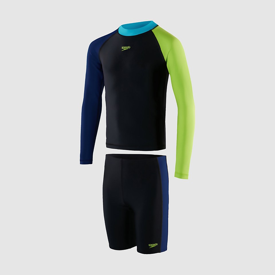 Jungen Speedo Colourblock langärmeliges Top & Short Schwarz/Blau